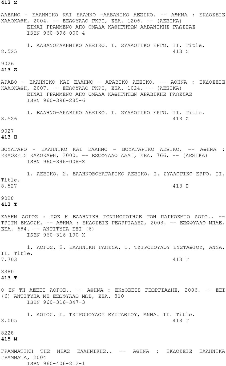 525 413 Σ 9026 413 Σ ΑΡΑΒΟ - ΕΛΛΗΝΙΚΟ ΚΑΙ ΕΛΛΗΝΟ - ΑΡΑΒΙΚΟ ΛΕΞΙΚΟ. -- ΑΘΗΝΑ : ΕΚΔΟΣΕΙΣ ΚΑΛΟΚΑΘΗ, 2007. -- ΕΞΩΦΥΛΛΟ ΓΚΡΙ, ΣΕΛ. 1024.