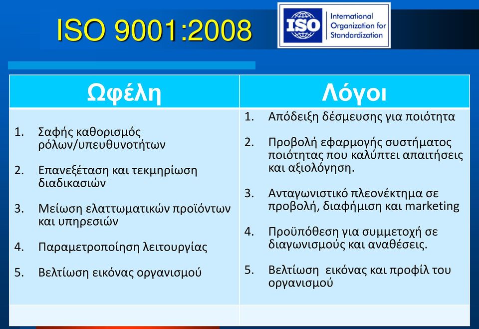 Απόδειξη δέσμευσης για ποιότητα 2. Προβολή εφαρμογής συστήματος ποιότητας που καλύπτει απαιτήσεις και αξιολόγηση. 3.