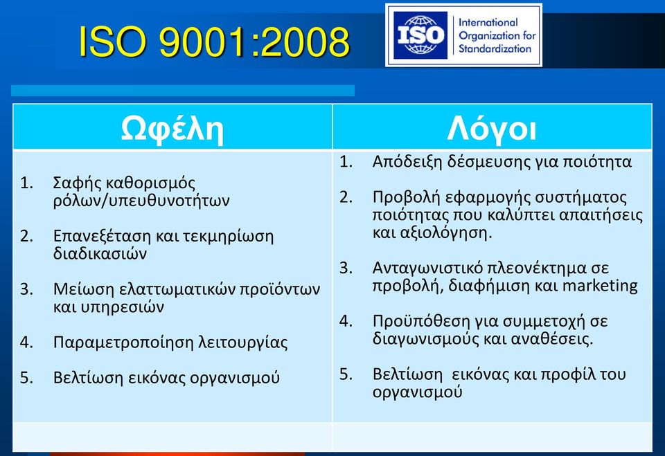 Απόδειξη δέσμευσης για ποιότητα 2. Προβολή εφαρμογής συστήματος ποιότητας που καλύπτει απαιτήσεις και αξιολόγηση. 3.