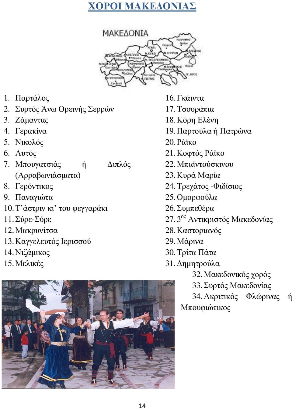 Τσουράπια 18. Κόρη Ελένη 19. Παρτούλα ή Πατρώνα 20. Ράϊκο 21. Κοφτός Ράϊκο 22. Μπαϊντούσκινου 23. Κυρά Μαρία 24. Τρεχάτος -Φιδίσιος 25. Ομορφούλα 26.
