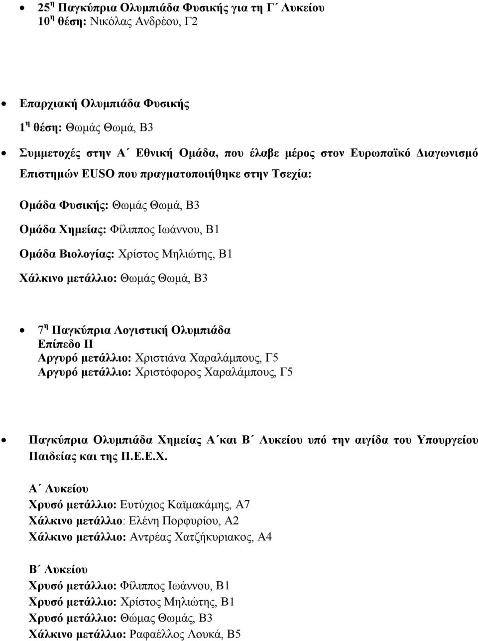 η Παγκύπρια Λογιστική Ολυμπιάδα Επίπεδο ΙΙ Αργυρό μετάλλιο: Χριστιάνα Χαραλάμπους, Γ5 Αργυρό μετάλλιο: Χριστόφορος Χαραλάμπους, Γ5 Παγκύπρια Ολυμπιάδα Χημείας Α και Β Λυκείου υπό την αιγίδα του