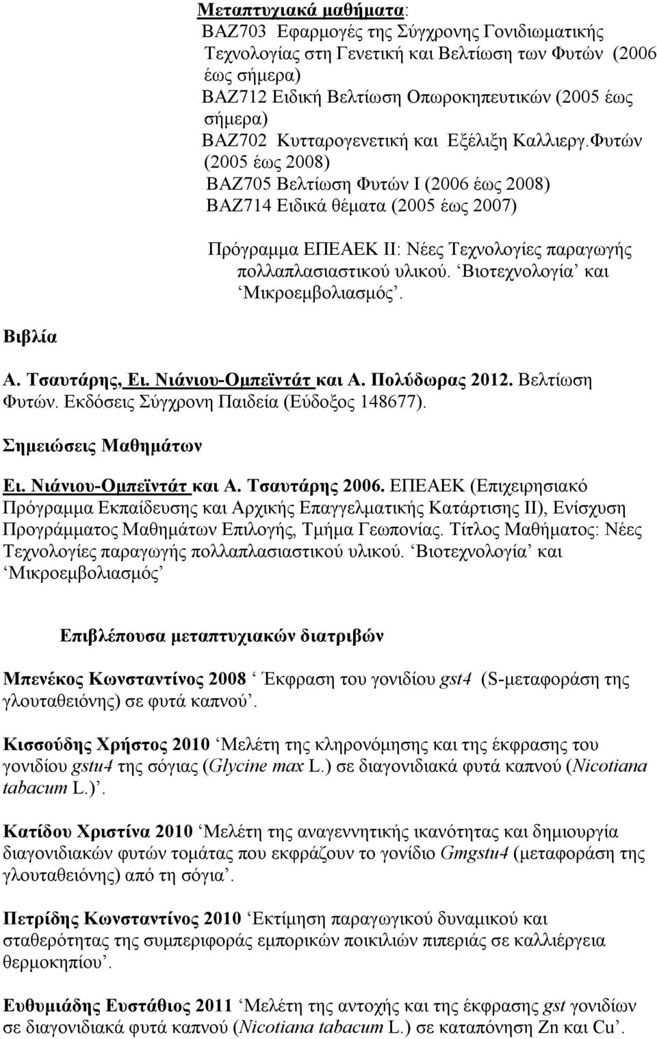 Φυτών (2005 έως 2008) ΒΑΖ705 Βελτίωση Φυτών Ι (2006 έως 2008) ΒΑΖ714 Ειδικά θέματα (2005 έως 2007) Πρόγραμμα ΕΠΕΑΕΚ ΙΙ: Νέες Τεχνολογίες παραγωγής πολλαπλασιαστικού υλικού.