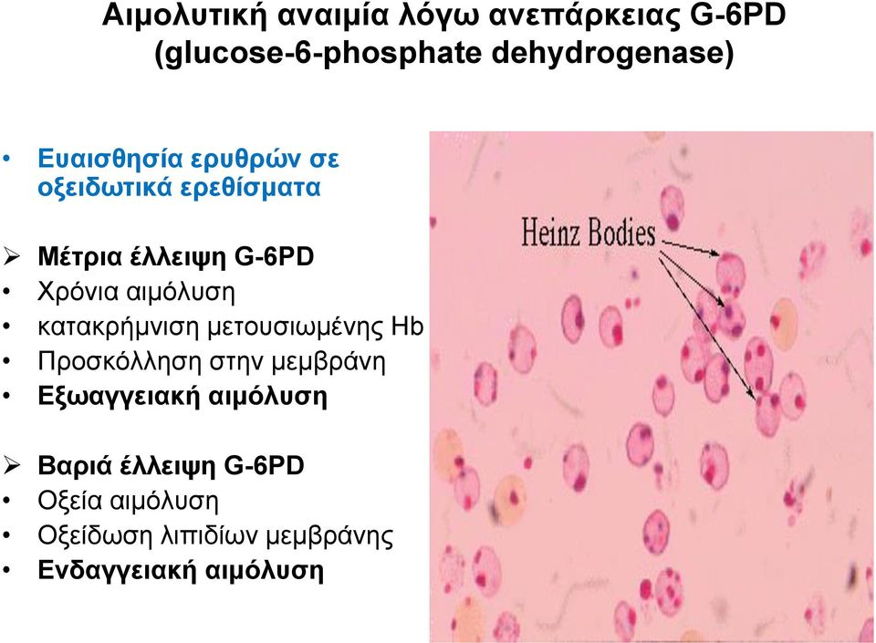 αιμόλυση κατακρήμνιση μετουσιωμένης Hb Προσκόλληση στην μεμβράνη Εξωαγγειακή