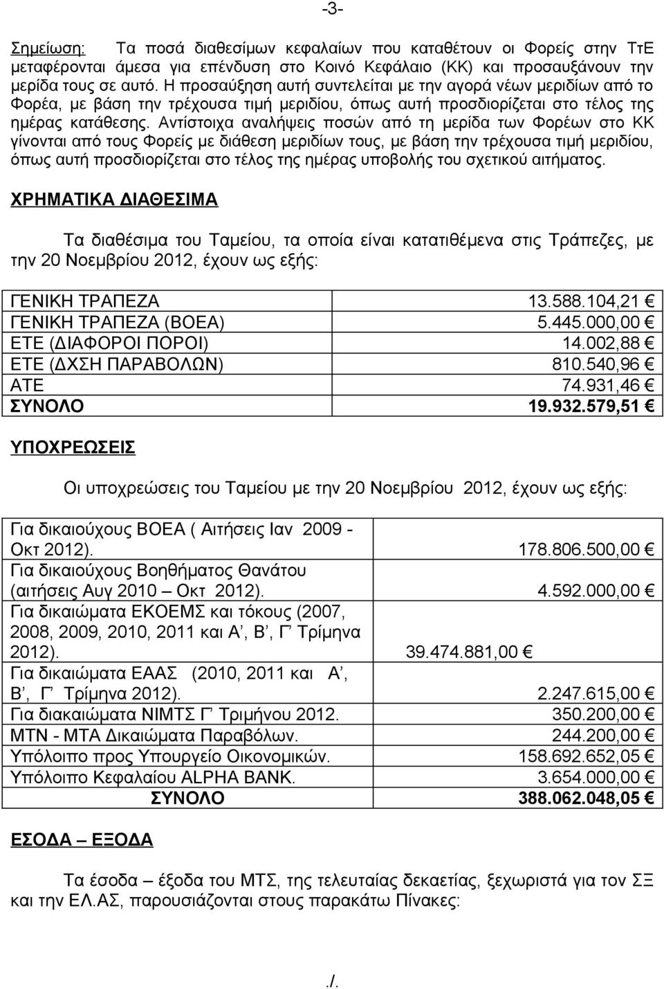 Αντίστοιχα αναλήψεις ποσών από τη μερίδα των Φορέων στο ΚΚ γίνονται από τους Φορείς με διάθεση μεριδίων τους, με βάση την τρέχουσα τιμή μεριδίου, όπως αυτή προσδιορίζεται στο τέλος της ημέρας