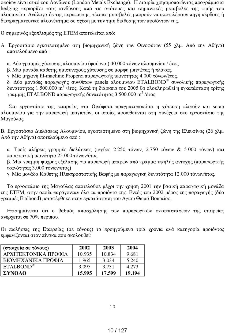 Ο σημερινός εξοπλισμός της ΕΤΕΜ αποτελείται από: Α. Εργοστάσιο εγκατεστημένο στη βιομηχανική ζώνη των Οινοφύτων (55 χλμ. Από την Αθήνα) αποτελούμενο από : α.