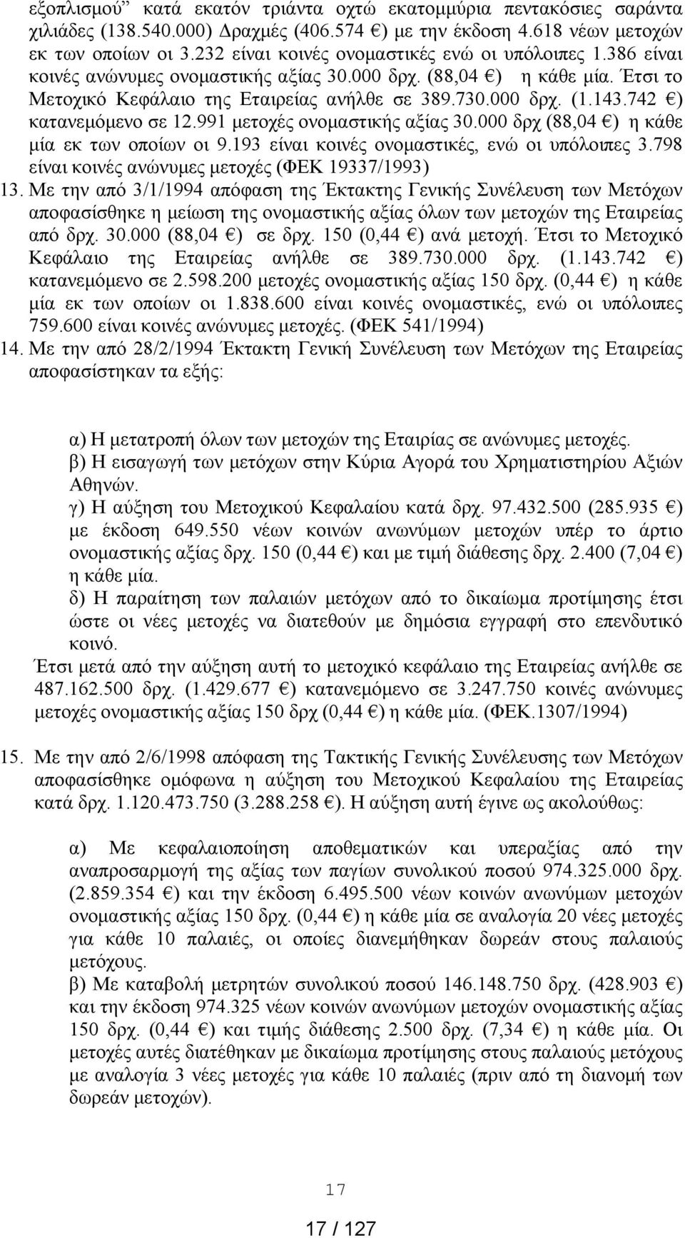 742 ) κατανεμόμενο σε 12.991 μετοχές ονομαστικής αξίας 30.000 δρχ (88,04 ) η κάθε μία εκ των οποίων οι 9.193 είναι κοινές ονομαστικές, ενώ οι υπόλοιπες 3.