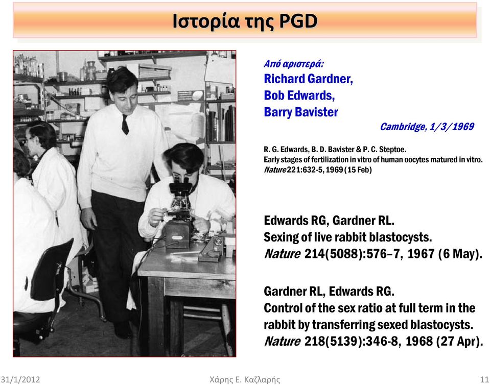 Sexing of live rabbit blastocysts. Nature 214(5088):576 7, 1967 (6 May). Gardner RL, Edwards RG.