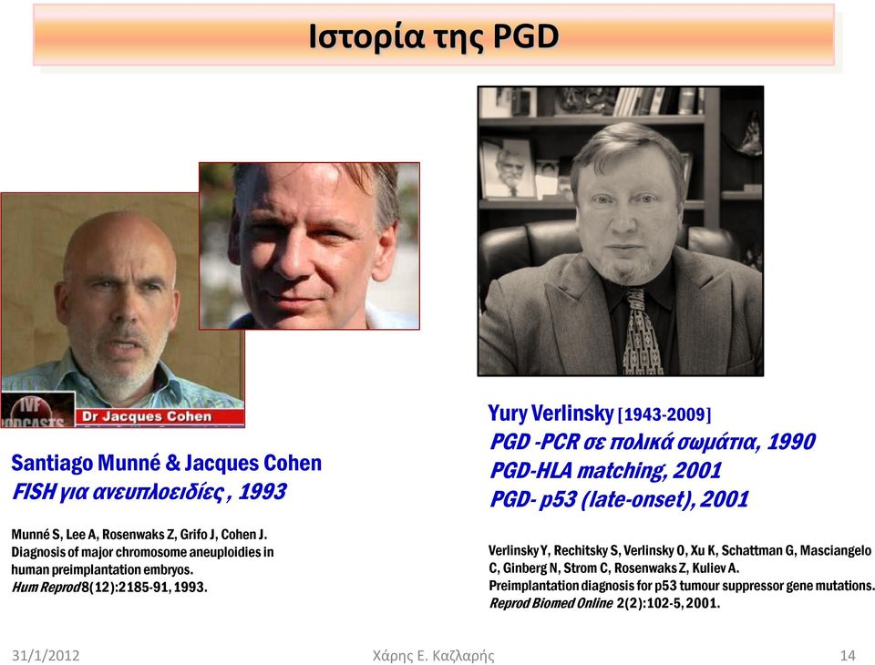 Yury Verlinsky [1943-2009] PGD -PCR σε πολικά σωμάτια, 1990 PGD-HLA matching, 2001 PGD- p53 (late-onset), 2001 Verlinsky Y, Rechitsky S, Verlinsky