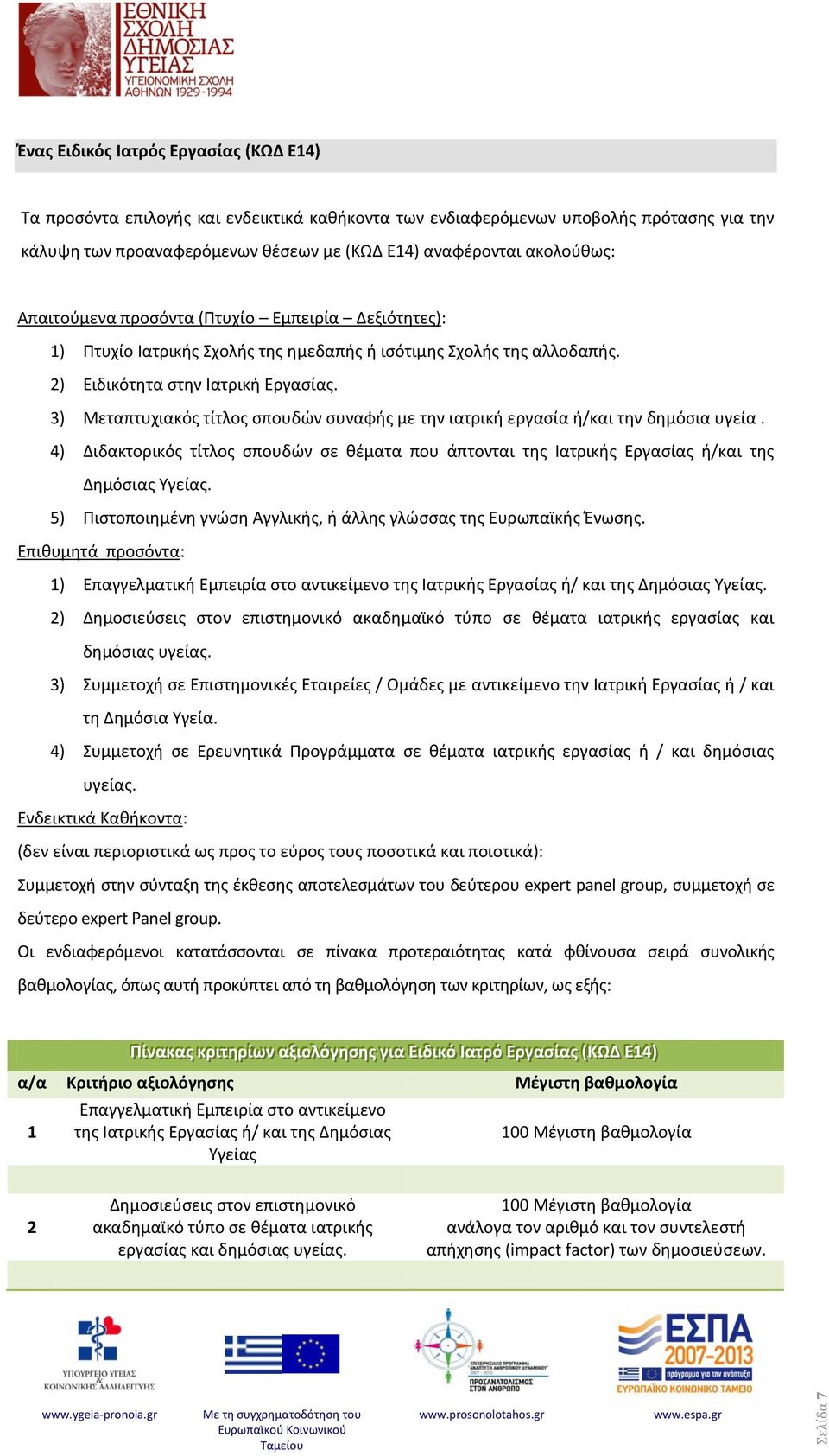 4) Διδακτορικός τίτλος σπουδών σε θέματα που άπτονται της Ιατρικής Εργασίας ή/και της Δημόσιας Υγείας. 5) Πιστοποιημένη γνώση Αγγλικής, ή άλλης γλώσσας της Ευρωπαϊκής Ένωσης.