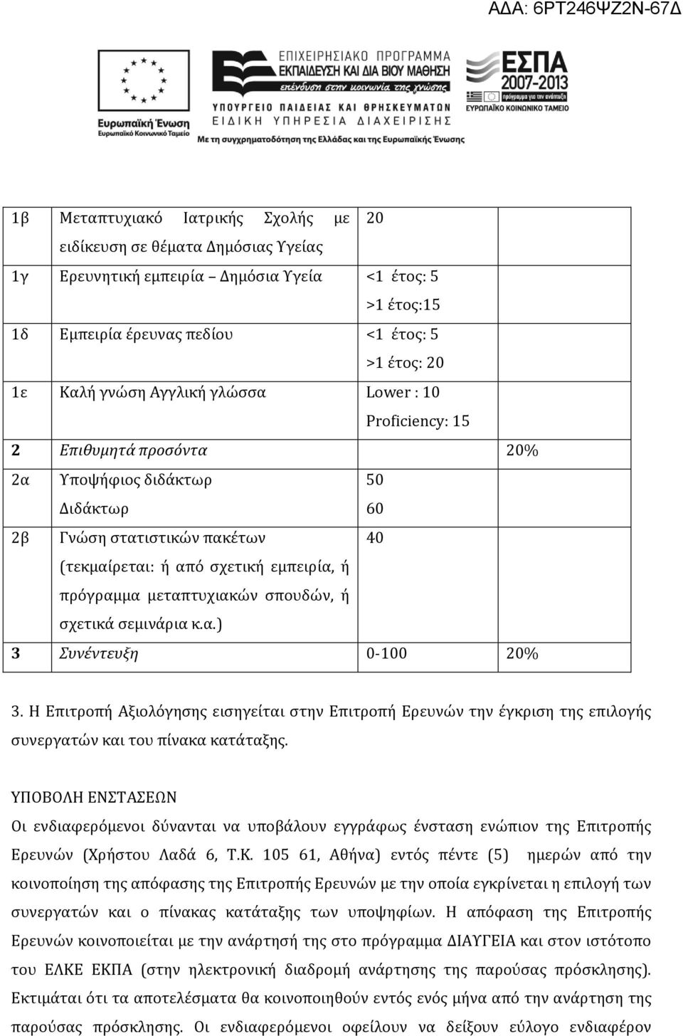 σπουδών, ή σχετικά σεμινάρια κ.α.) 3 Συνέντευξη 0-100 20% 3. H Eπιτροπή Αξιολόγησης εισηγείται στην Επιτροπή Ερευνών την έγκριση της επιλογής συνεργατών και του πίνακα κατάταξης.