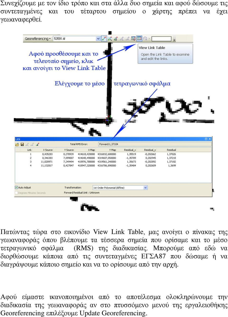 της διαδικασίας. Μπορούμε από εδώ να διορθώσουμε κάποια από τις συντεταγμένες ΕΓΣΑ87 που δώσαμε ή να διαγράψουμε κάποιο σημείο και να το ορίσουμε από την αρχή.