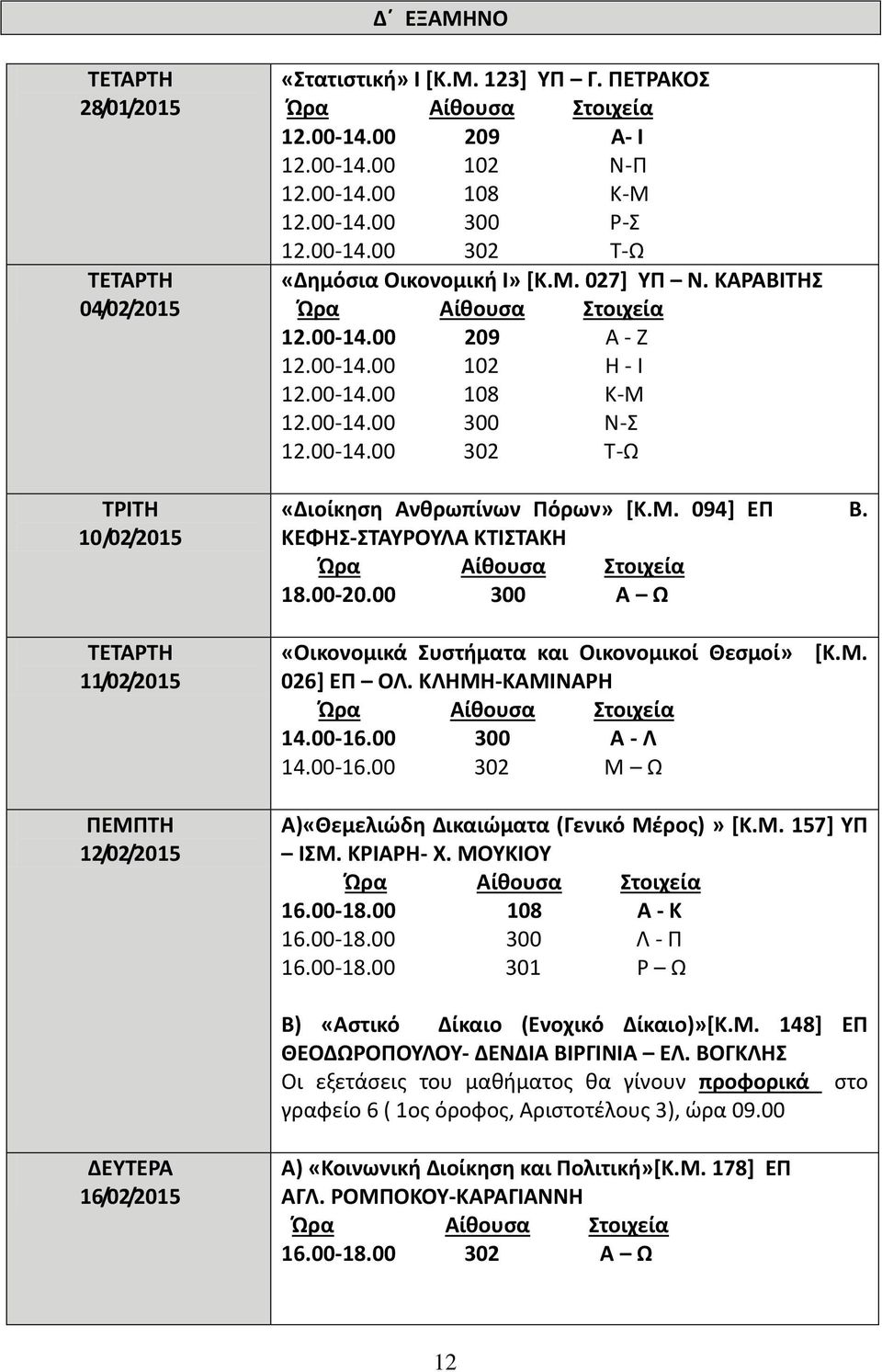 ΚΕΦΗΣ-ΣΤΑΥΡΟΥΛΑ ΚΤΙΣΤΑΚΗ 18.00-20.00 300 Α Ω 11/02/2015 «Οικονομικά Συστήματα και Οικονομικοί Θεσμοί» 026] ΕΠ ΟΛ. ΚΛΗΜΗ-ΚΑΜΙΝΑΡΗ 14.00-16.00 300 Α - Λ 14.00-16.00 302 Μ Ω [Κ.Μ. 12/02/2015 Α)«Θεμελιώδη Δικαιώματα (Γενικό Μέρος)» [Κ.