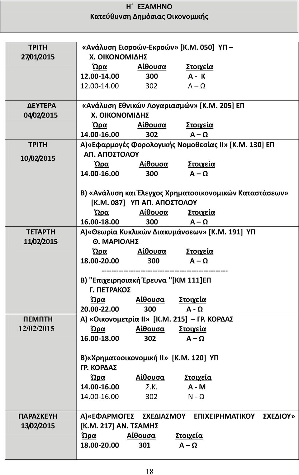 Μ. 087] ΥΠ ΑΠ. ΑΠΟΣΤΟΛΟΥ 16.00-18.00 300 Α Ω Α)«Θεωρία Κυκλικών Διακυμάνσεων» [Κ.Μ. 191] ΥΠ Θ. ΜΑΡΙΟΛΗΣ 18.00-20.