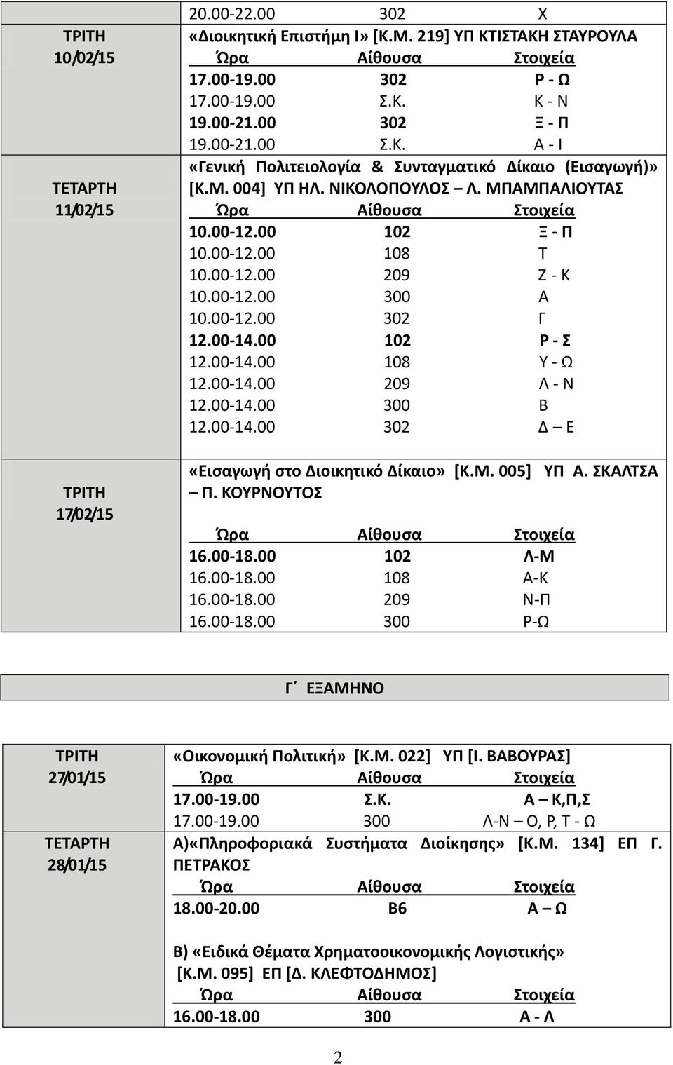 00-14.00 300 Β 12.00-14.00 302 Δ Ε «Εισαγωγή στο Διοικητικό Δίκαιο» [Κ.Μ. 005] ΥΠ Α. ΣΚΑΛΤΣΑ Π. ΚΟΥΡΝΟΥΤΟΣ 16.00-18.00 102 Λ-Μ 16.00-18.00 108 Α-Κ 16.00-18.00 209 Ν-Π 16.00-18.00 300 Ρ-Ω Γ ΕΞΑΜΗΝΟ 27/01/15 28/01/15 «Οικονομική Πολιτική» [Κ.