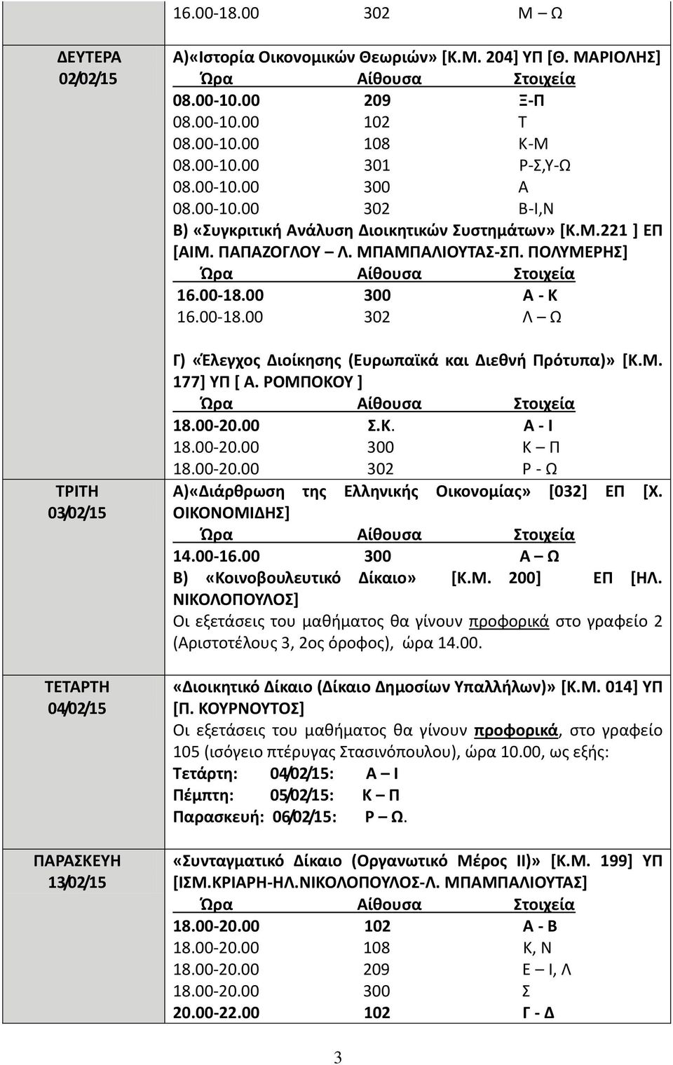 00 300 Α - Κ 16.00-18.00 302 Λ Ω Γ) «Έλεγχος Διοίκησης (Ευρωπαϊκά και Διεθνή Πρότυπα)» [Κ.Μ. 177] ΥΠ [ Α. ΡΟΜΠΟΚΟΥ ] 18.00-20.00 Σ.Κ. Α - Ι 18.00-20.00 300 Κ Π 18.00-20.00 302 Ρ - Ω Α)«Διάρθρωση της Ελληνικής Οικονομίας» [032] ΕΠ [Χ.