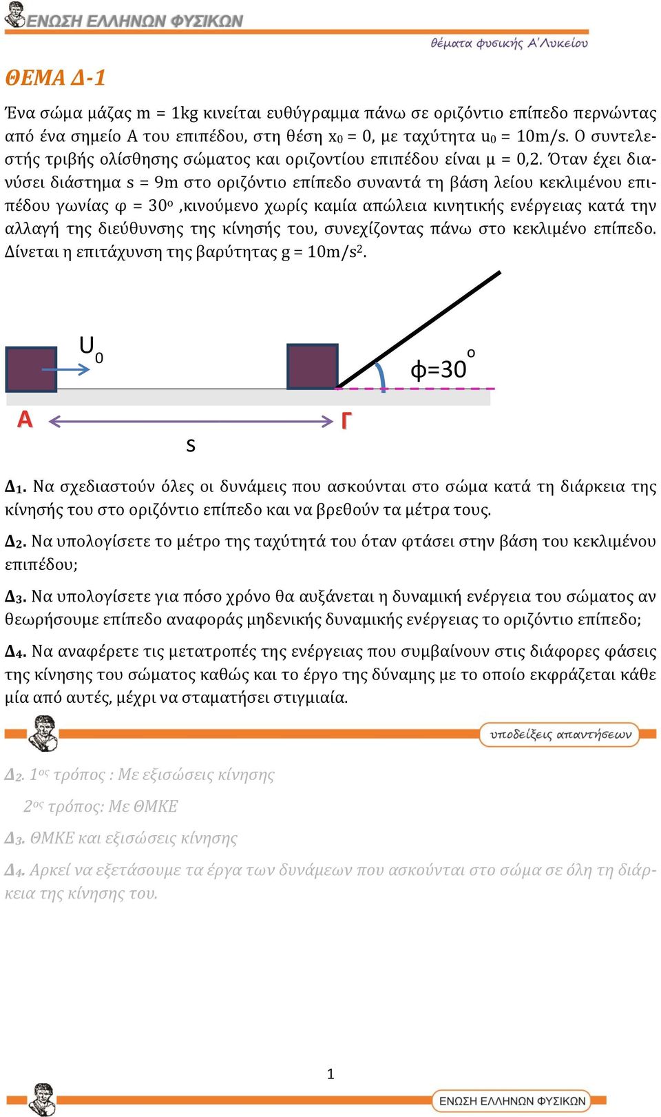 Όταν έχει διανύσει διάστημα s = 9m στο οριζόντιο επίπεδο συναντά τη βάση λείου κεκλιμένου επιπέδου γωνίας φ = 30 ο,κινούμενο χωρίς καμία απώλεια κινητικής ενέργειας κατά την αλλαγή της διεύθυνσης της