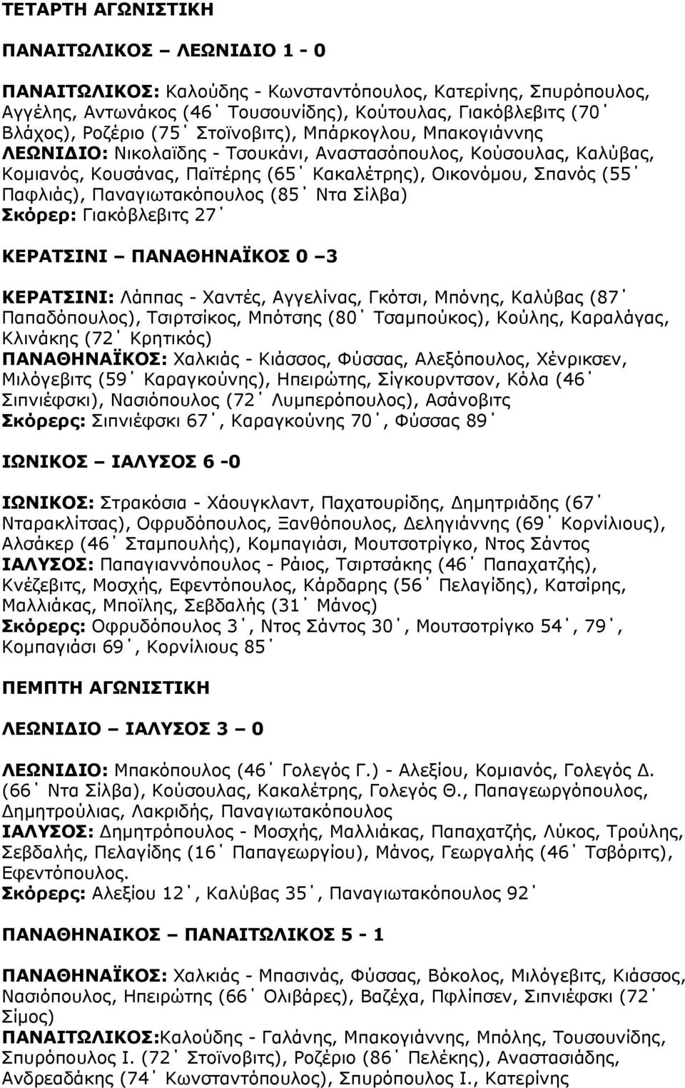 Παναγιωτακόπουλος (85 Ντα Σίλβα) Σκόρερ: Γιακόβλεβιτς 27 ΚΕΡΑΤΣΙΝΙ ΠΑΝΑΘΗΝΑΪΚΟΣ 0 3 ΚΕΡΑΤΣΙΝΙ: Λάππας - Χαντές, Αγγελίνας, Γκότσι, Μπόνης, Καλύβας (87 Παπαδόπουλος), Τσιρτσίκος, Μπότσης (80