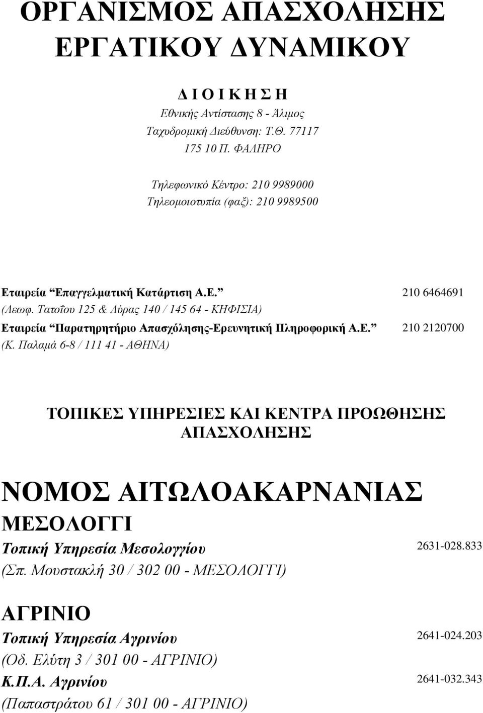 Τατοΐου 125 & Λύρας 140 / 145 64 - ΚΗΦΙΣΙΑ) Εταιρεία Παρατηρητήριο Απασχόλησης-Ερευνητική Πληροφορική Α.Ε. 210 2120700 (Κ.
