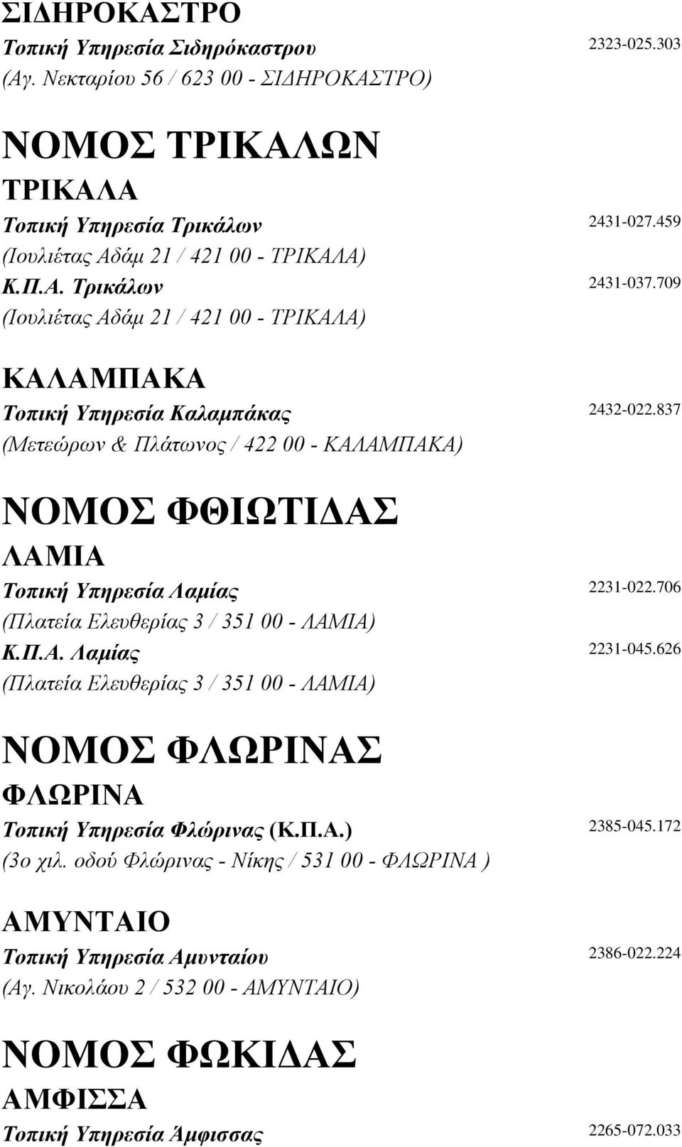 837 (Μετεώρων & Πλάτωνος / 422 00 - ΚΑΛΑΜΠΑΚΑ) ΝΟΜΟΣ ΦΘΙΩΤΙ ΑΣ ΛΑΜΙΑ Τοπική Υπηρεσία Λαµίας 2231-022.706 (Πλατεία Ελευθερίας 3 / 351 00 - ΛΑΜΙΑ) Κ.Π.Α. Λαµίας 2231-045.