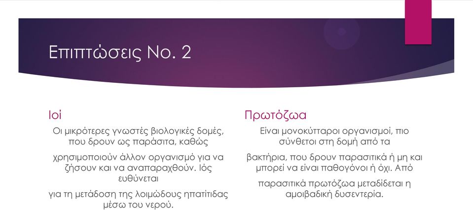 για να ζήσουν και να αναπαραχθούν. Ιός ευθύνεται για τη µετάδοση της λοιµώδους ηπατίτιδας µέσω του νερού.