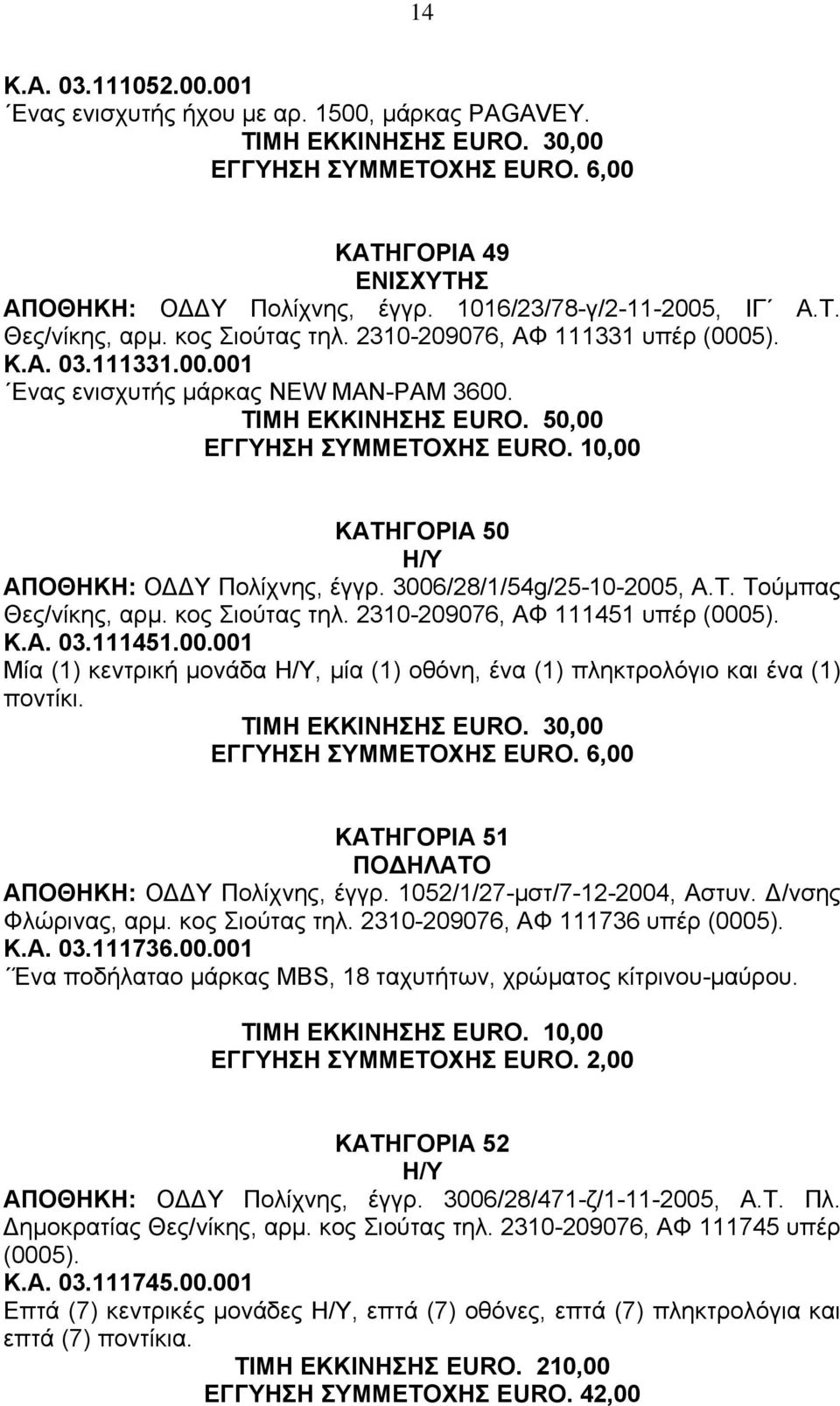 ΚΑΤΗΓΟΡΙΑ 50 H/Y ΑΠΟΘΗΚΗ: Ο Υ Πολίχνης, έγγρ. 3006/28/1/54g/25-10-2005, Α.Τ. Τούµπας Θες/νίκης, αρµ. κος Σιούτας τηλ. 2310-209076, ΑΦ 111451 υπέρ (0005). Κ.Α. 03.111451.00.001 Μία (1) κεντρική µονάδα, µία (1) οθόνη, ένα (1) πληκτρολόγιο και ένα (1) ποντίκι.