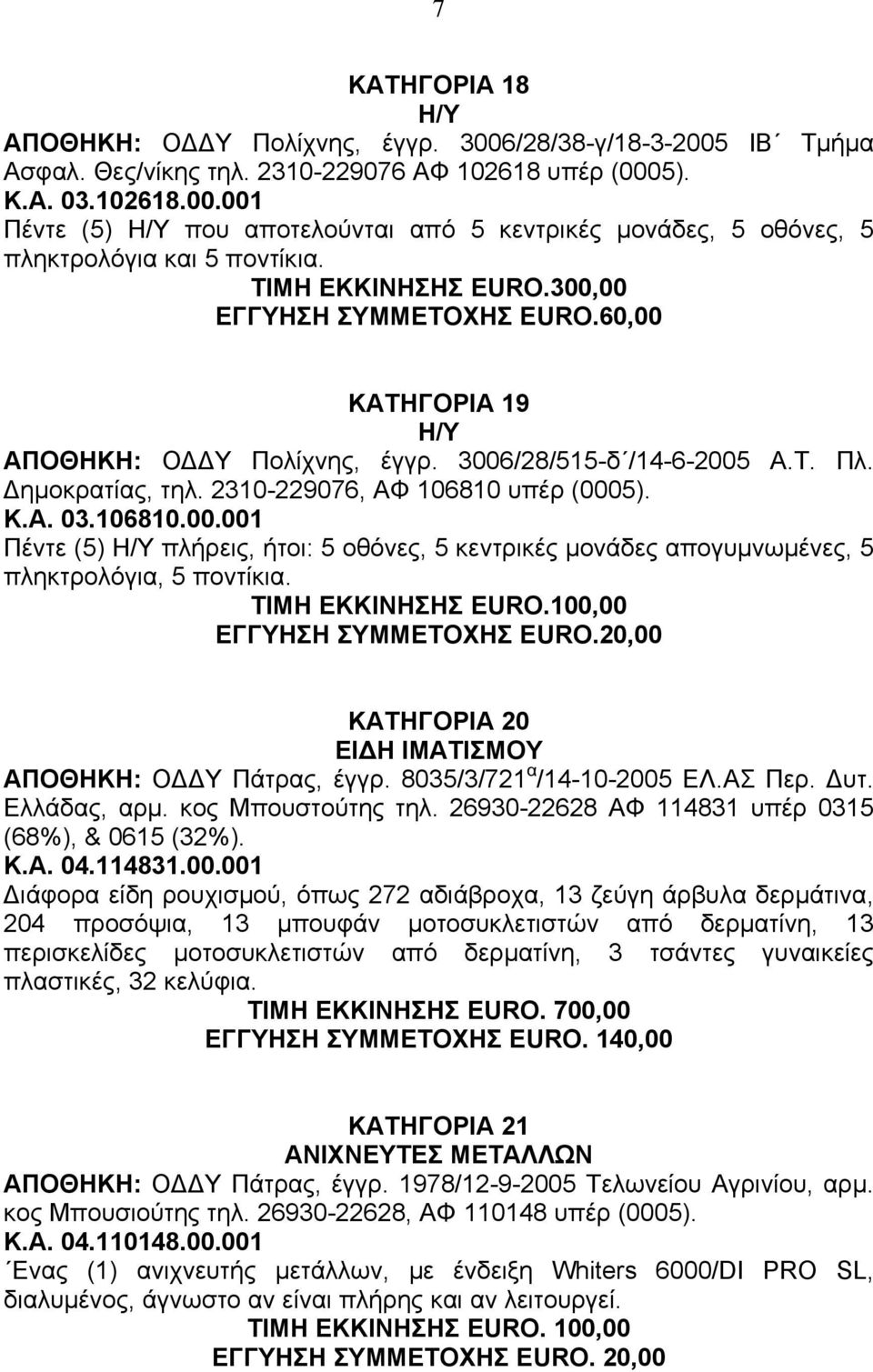 106810.00.001 Πέντε (5) πλήρεις, ήτοι: 5 οθόνες, 5 κεντρικές µονάδες απογυµνωµένες, 5 πληκτρολόγια, 5 ποντίκια. ΤΙΜΗ ΕΚΚΙΝΗΣΗΣ EURO.100,00 ΕΓΓΥΗΣΗ ΣΥΜΜΕΤΟΧΗΣ EURO.