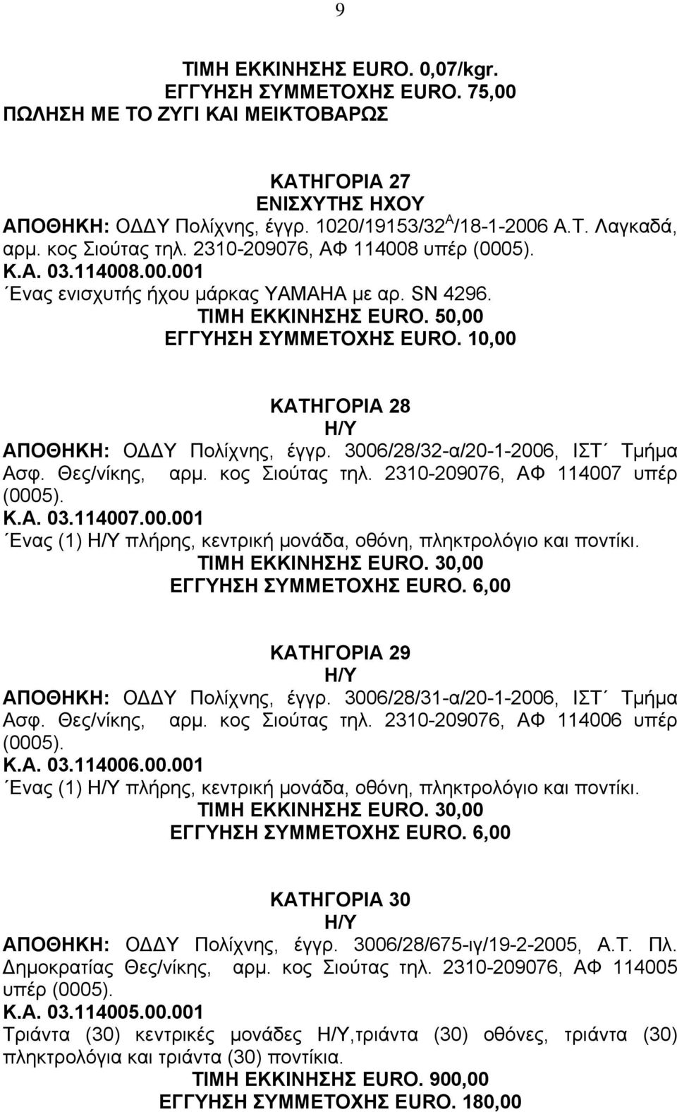 3006/28/32-α/20-1-2006, ΙΣΤ Τµήµα Ασφ. Θες/νίκης, αρµ. κος Σιούτας τηλ. 2310-209076, ΑΦ 114007 υπέρ (0005). Κ.Α. 03.114007.00.001 Ενας (1) πλήρης, κεντρική µονάδα, οθόνη, πληκτρολόγιο και ποντίκι.