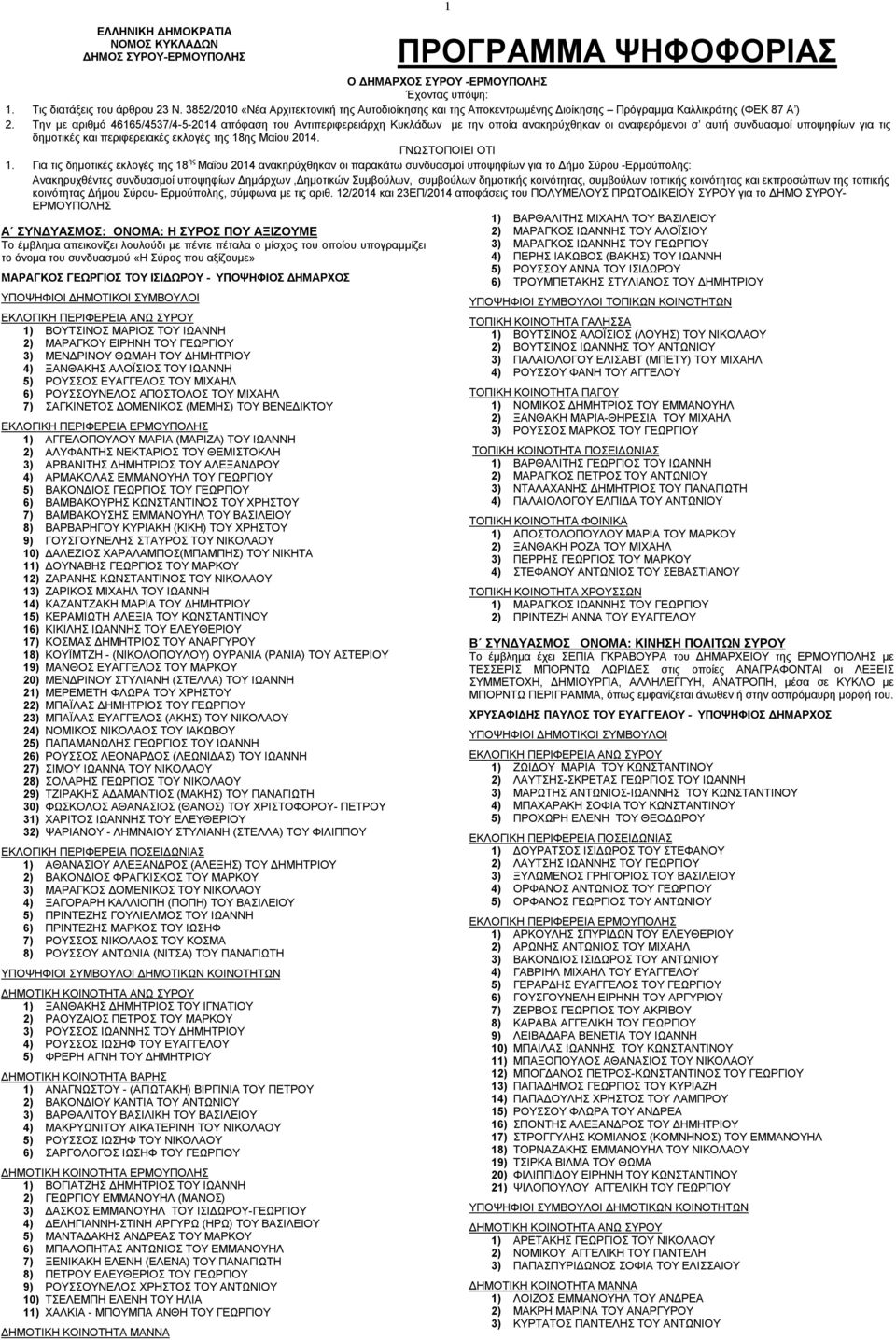 Την με αριθμό 46165/4537/4-5-2014 απόφαση του Αντιπεριφερειάρχη Κυκλάδων με την οποία ανακηρύχθηκαν οι αναφερόμενοι σ αυτή συνδυασμοί υποψηφίων για τις δημοτικές και περιφερειακές εκλογές της 18ης