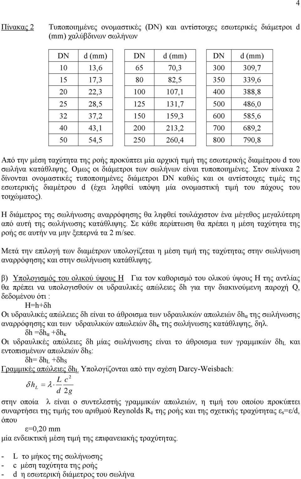 διαμέτρου d του σωλήνα κατάθλιψης. Ομως οι διάμετροι των σωλήνων είναι τυποποιημένες.