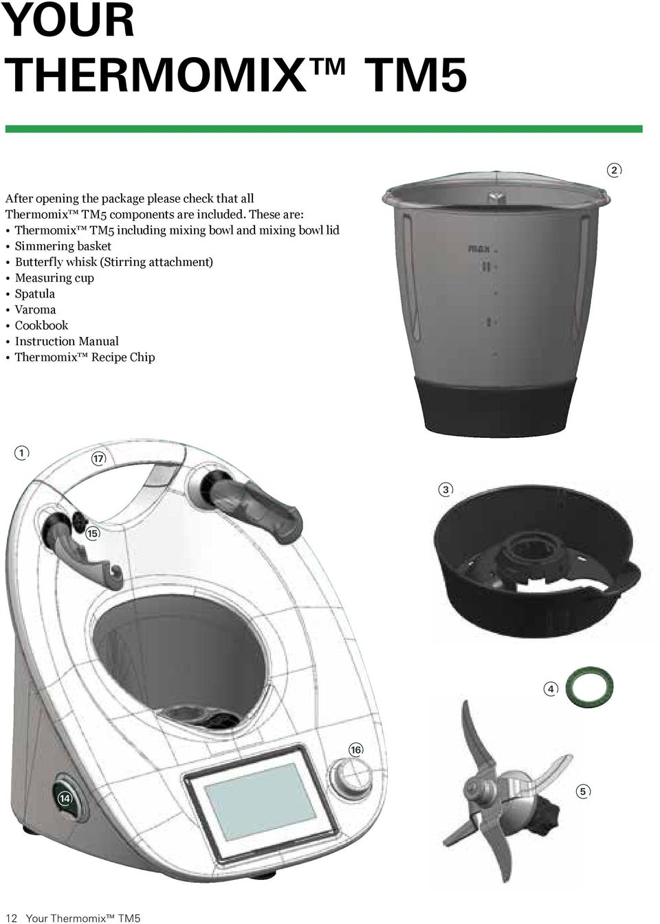 These are: Thermomix TM5 including mixing bowl and mixing bowl lid Simmering basket