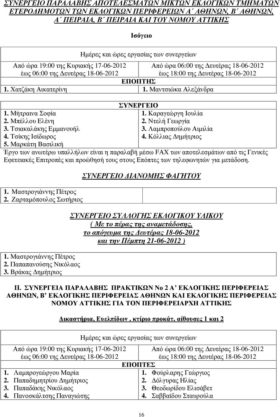Κόλλιας ηµήτριος Έργο των ανωτέρω υπαλλήλων είναι η παραλαβή µέσω FΑΧ των αποτελεσµάτων από τις Γενικές Εφετειακές Επιτροπές και προώθησή τους στους Επόπτες των τηλεφωνητών για µετάδοση. 1.