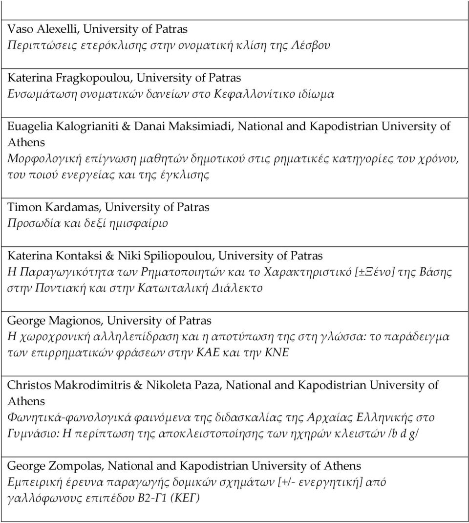 Kardamas, University of Patras Προσωδία και δεξί ημισφαίριο Katerina Kontaksi & Niki Spiliopoulou, University of Patras Η Παραγωγικότητα των Ρηματοποιητών και το Χαρακτηριστικό [±Ξένο] της Βάσης στην