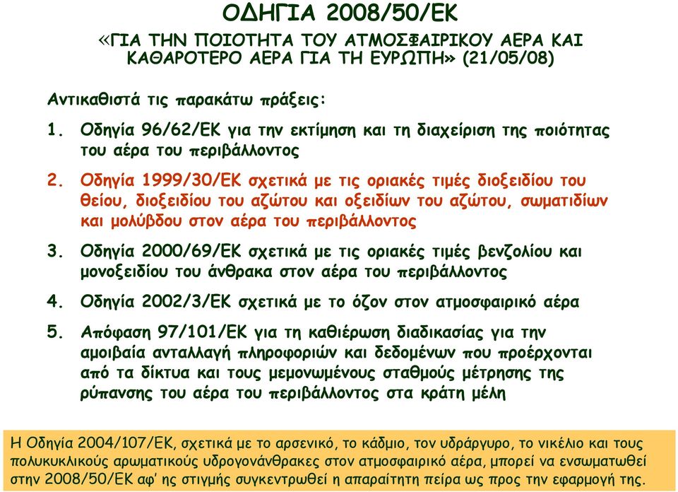 Οδηγία 1999/30/ΕΚ σχετικά µε τις οριακές τιµές διοξειδίου του θείου, διοξειδίου του αζώτου και οξειδίων του αζώτου, σωµατιδίων και µολύβδου στον αέρα του περιβάλλοντος 3.