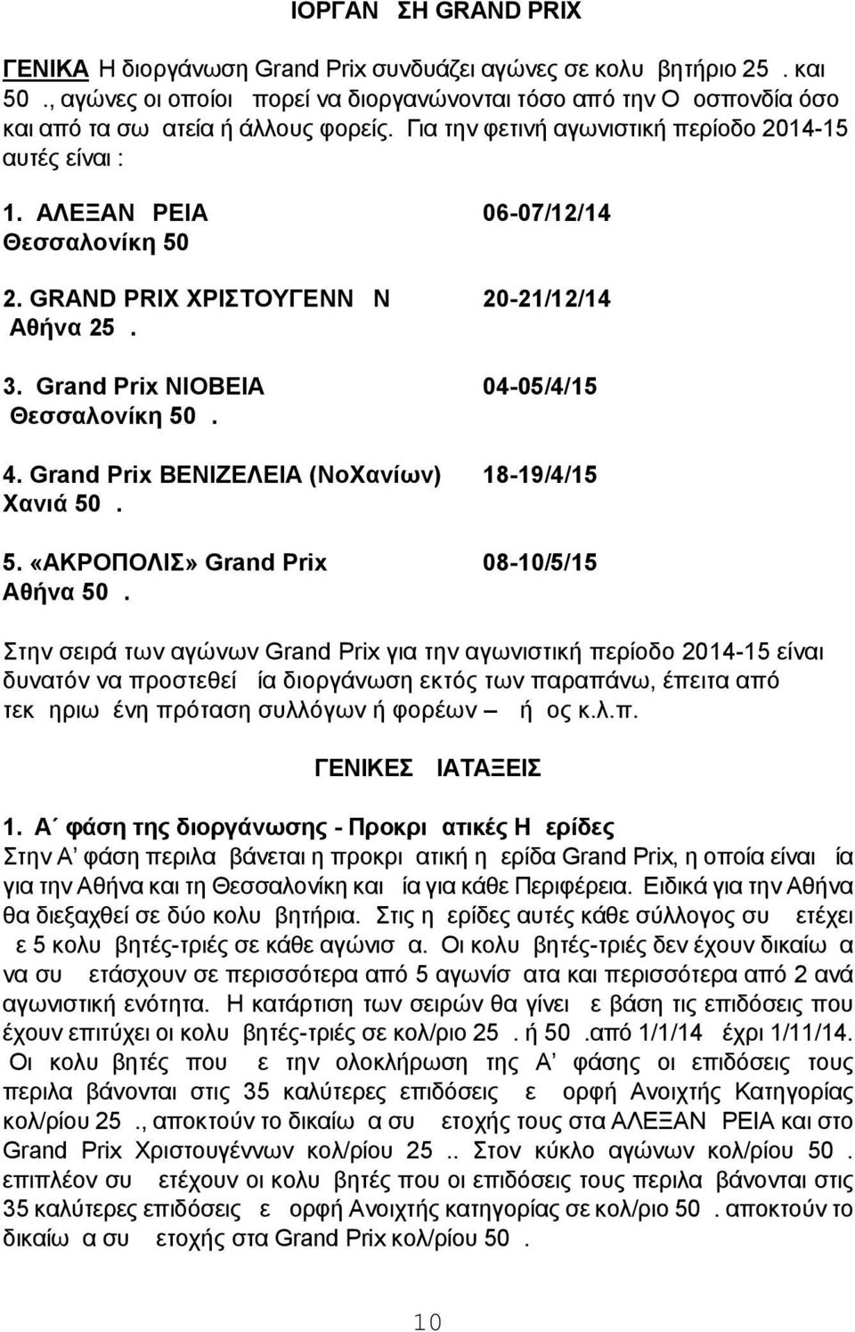 ΑΛΕΞΑΝΔΡΕΙΑ 06-07/12/14 Θεσσαλονίκη 50μ 2. GRAND PRIX ΧΡΙΣΤΟΥΓΕΝΝΩΝ 20-21/12/14 Αθήνα 25μ. 3. Grand Prix ΝΙΟΒΕΙΑ 04-05/4/15 Θεσσαλονίκη 50μ. 4. Grand Prix ΒΕΝΙΖΕΛΕΙΑ (ΝοΧανίων) 18-19/4/15 Χανιά 50μ.