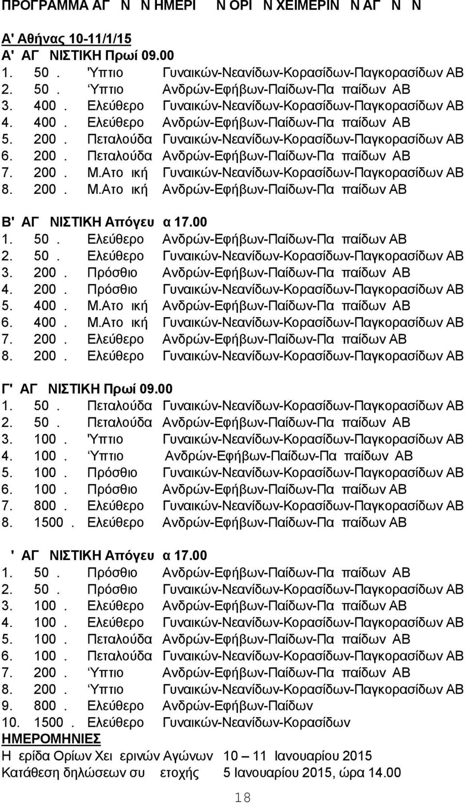 200μ. Μ.Ατομική Γυναικών-Νεανίδων-Κορασίδων-Παγκορασίδων ΑΒ 8. 200μ. Μ.Ατομική Ανδρών-Εφήβων-Παίδων-Παμπαίδων ΑΒ Β' ΑΓΩΝΙΣΤΙΚΗ Απόγευμα 17.00 1. 50μ.