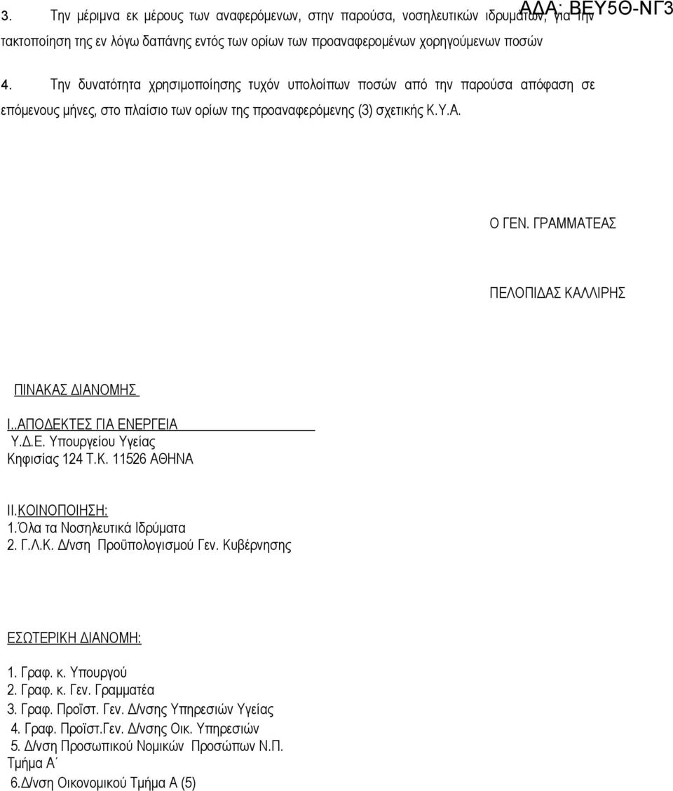ΓΡΑΜΜΑΤΕΑΣ ΠΕΛΟΠΙΔΑΣ ΚΑΛΛΙΡΗΣ ΠΙΝΑΚΑΣ ΔΙΑΝΟΜΗΣ Ι..ΑΠΟΔΕΚΤΕΣ ΓΙΑ ΕΝΕΡΓΕΙΑ Υ.Δ.Ε. Υπουργείου Υγείας Κηφισίας 124 Τ.Κ. 11526 ΑΘΗΝΑ ΙΙ.ΚΟΙΝΟΠΟΙΗΣΗ: 1.Όλα τα Νοσηλευτικά Ιδρύματα 2. Γ.Λ.Κ. Δ/νση Προϋπολογισμού Γεν.