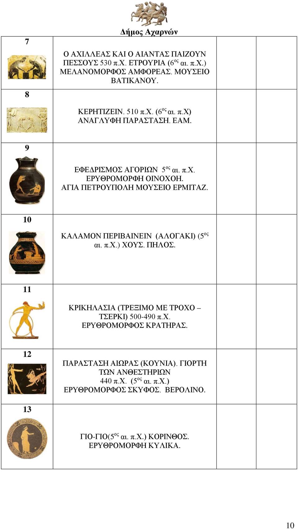 ΠΗΛΟΣ. 11 ΚΡΙΚΗΛΑΣΙΑ (ΤΡΕΞΙΜΟ ΜΕ ΤΡΟΧΟ ΤΣΕΡΚΙ) 500-490 π.χ. ΕΡΥΘΡΟΜΟΡΦΟΣ ΚΡΑΤΗΡΑΣ. 12 ΠΑΡΑΣΤΑΣΗ ΑΙΩΡΑΣ (ΚΟΥΝΙΑ). ΓΙΟΡΤΗ ΤΩΝ ΑΝΘΕΣΤΗΡΙΩΝ 440 π.χ. (5 ος αι.