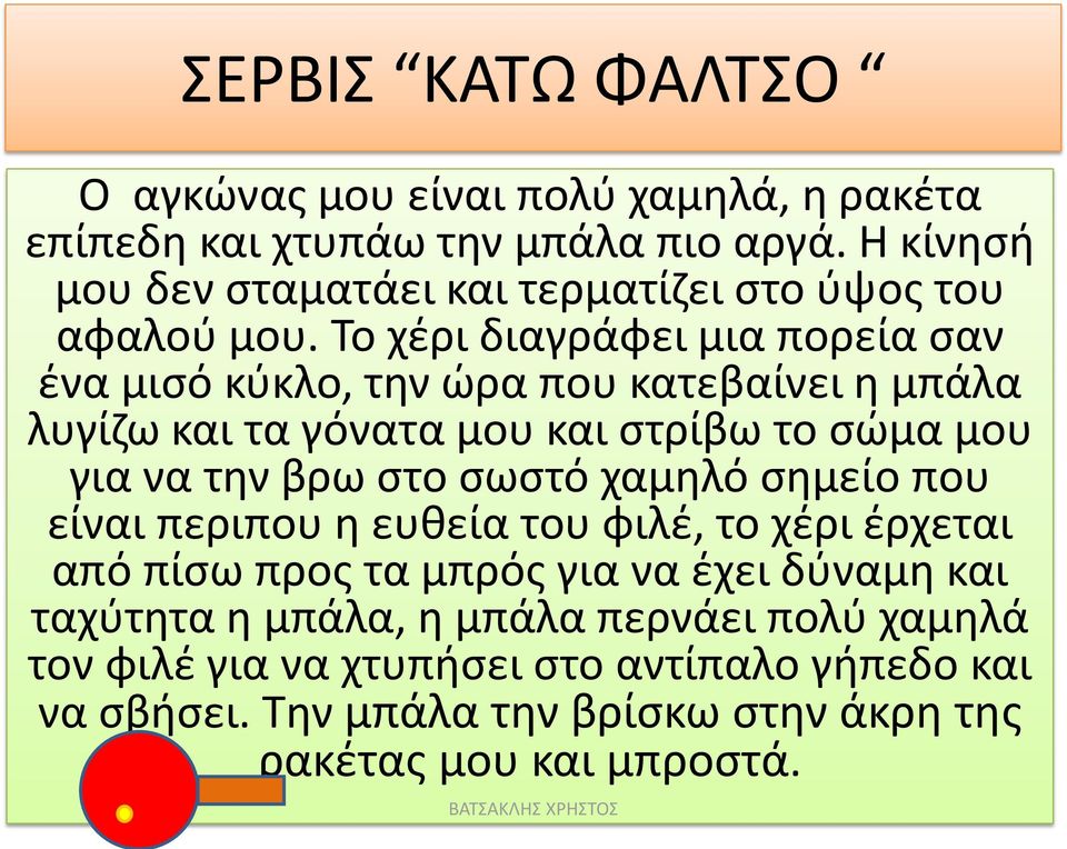 Το χέρι διαγράφει μια πορεία σαν ένα μισό κύκλο, την ώρα που κατεβαίνει η μπάλα λυγίζω και τα γόνατα μου και στρίβω το σώμα μου για να την βρω στο