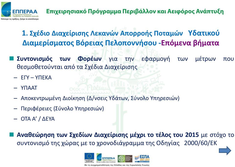 Αποκεντρωμένη Διοίκηση (Δ/νσεις Υδάτων, Σύνολο Υπηρεσιών) Περιφέρειες (Σύνολο Υπηρεσιών) ΟΤΑ Α / ΔΕΥΑ Αναθεώρηση