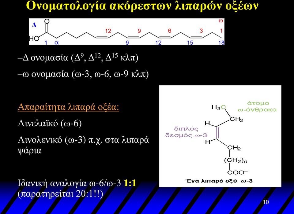 λιπαρά οξέα: Λινελαϊκό (ω-6) Λινολενικό (ω-3) π.χ.