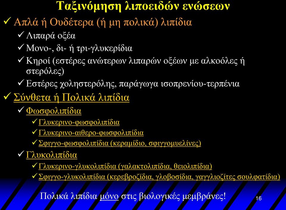 Γλυκερινο-φωσφολιπίδια Γλυκερινο-αιθερο-φωσφολιπίδια Σφιγγο-φωσφολιπίδια (κεραμίδιο, σφιγγομυελίνες) Γλυκολιπίδια Γλυκερινο-γλυκολιπίδια