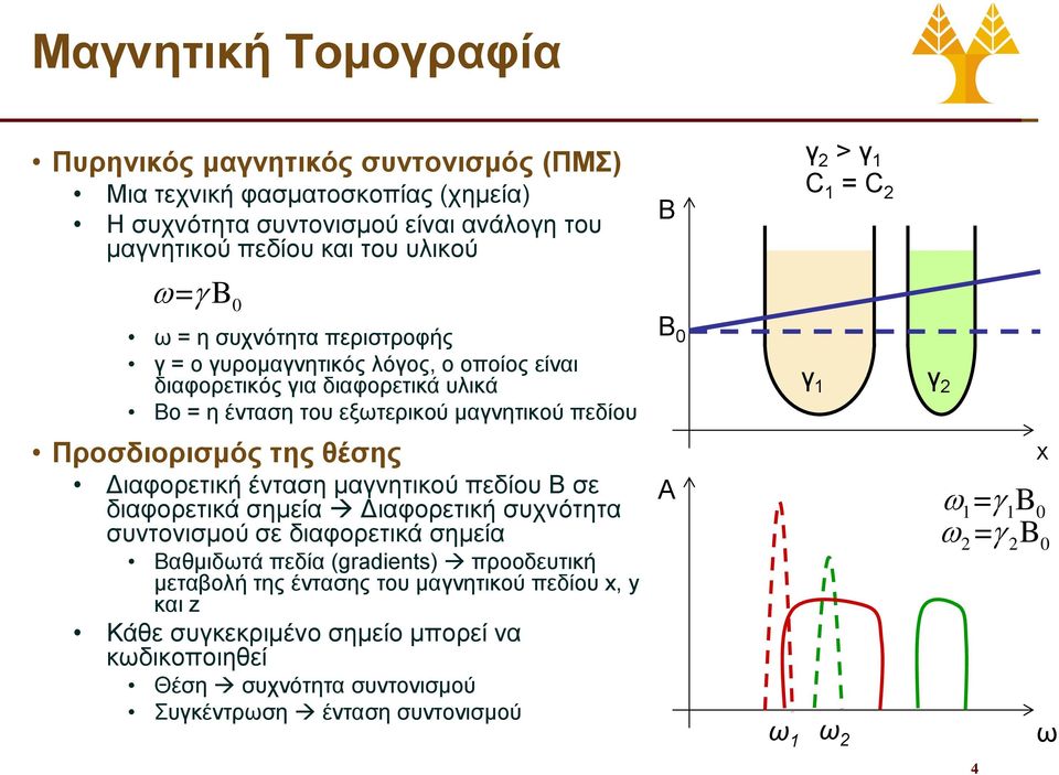 ένταση μαγνητικού πεδίου Β σε διαφορετικά σημεία Διαφορετική συχνότητα συντονισμού σε διαφορετικά σημεία Βαθμιδωτά πεδία (gradients) προοδευτική μεταβολή της έντασης του μαγνητικού