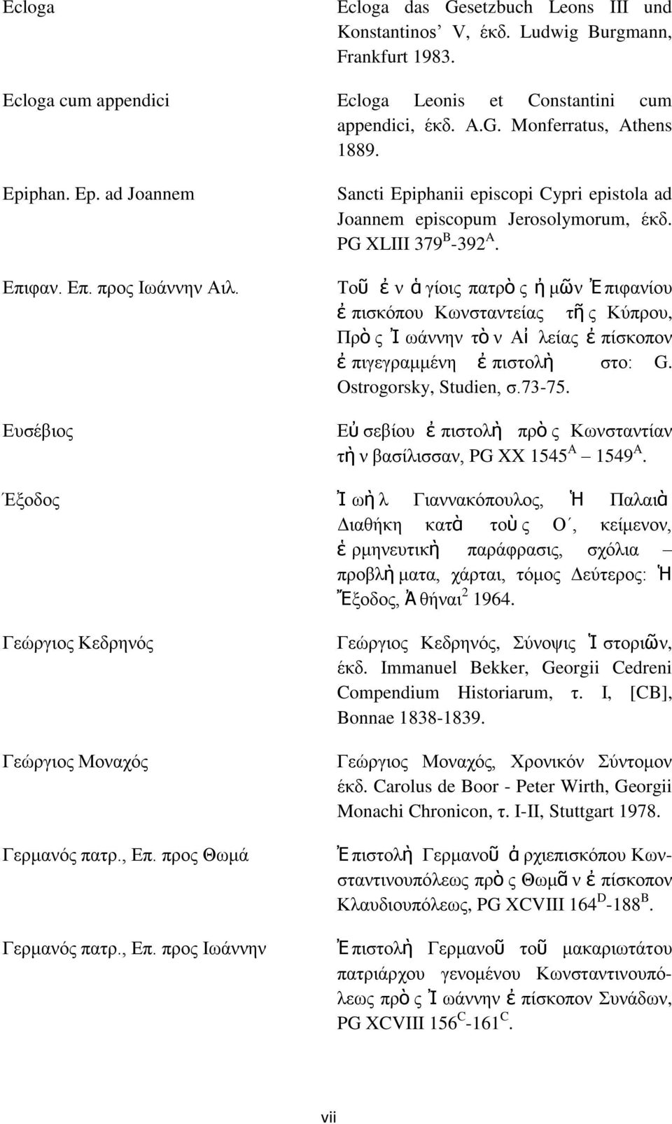 Τοῦ ἐ ν ἁ γίοις πατρὸ ς ἠ μῶν Ἐ πιφανίου ἐ πισκόπου Κωνσταντείας τῆ ς Κύπρου, Πρὸ ς Ἰ ωάννην τὸ ν Αἰ λείας ἐ πίσκοπον ἐ πιγεγραμμένη ἐ πιστολὴ στο: G. Ostrogorsky, Studien, σ.73-75.