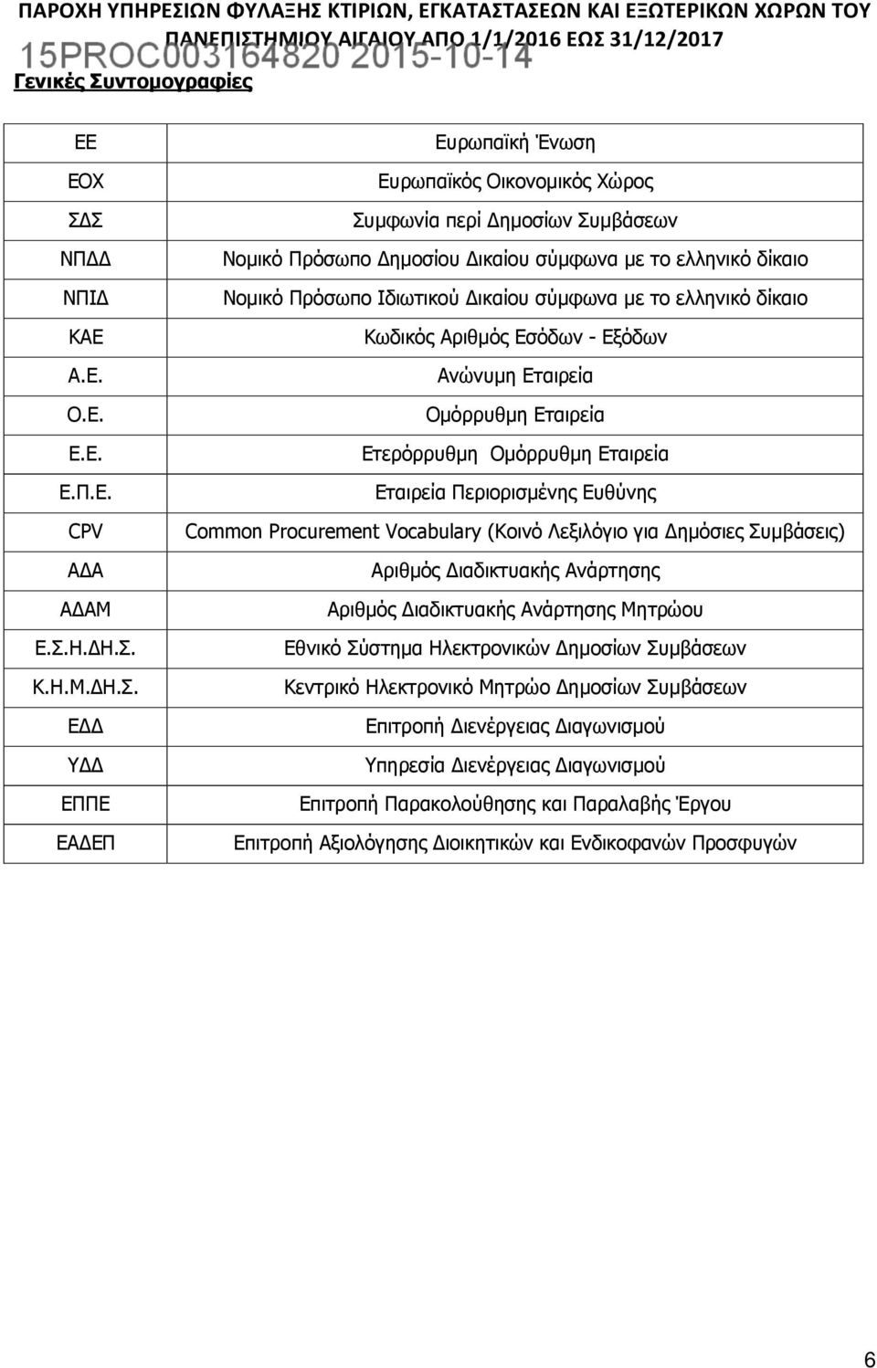 Σ ΝΠΔΔ ΝΠΙΔ ΚΑΕ Α.Ε. Ο.Ε. Ε.Ε. Ε.Π.Ε. CPV ΑΔΑ ΑΔΑΜ Ε.Σ.Η.ΔΗ.Σ. Κ.Η.Μ.ΔΗ.Σ. ΕΔΔ ΥΔΔ ΕΠΠΕ ΕΑΔΕΠ Ευρωπαϊκή Ένωση Ευρωπαϊκός Οικονομικός Χώρος Συμφωνία περί Δημοσίων Συμβάσεων Νομικό Πρόσωπο Δημοσίου