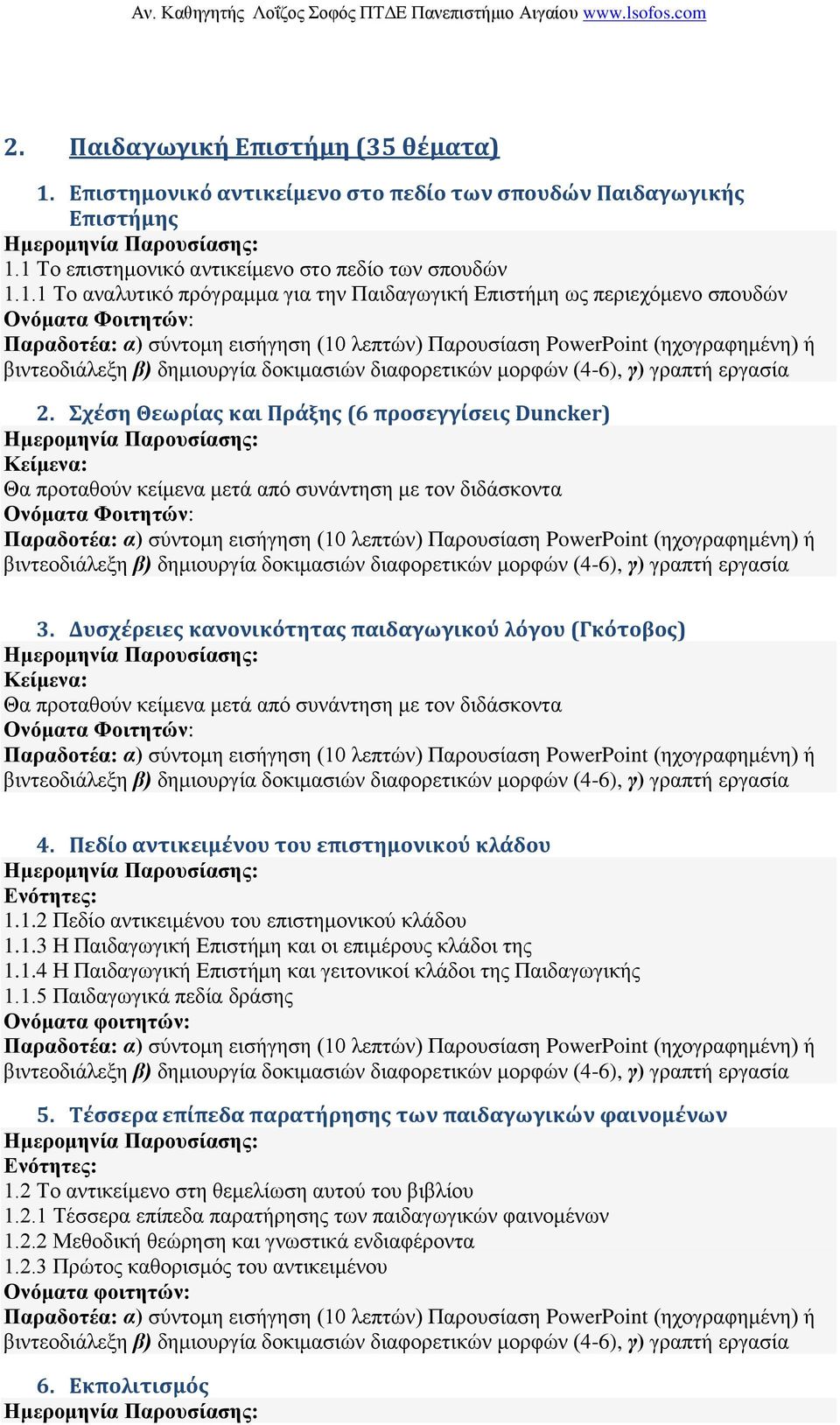 1.2 Πεδίο αντικειμένου του επιστημονικού κλάδου 1.1.3 Η Παιδαγωγική Επιστήμη και οι επιμέρους κλάδοι της 1.1.4 Η Παιδαγωγική Επιστήμη και γειτονικοί κλάδοι της Παιδαγωγικής 1.1.5 Παιδαγωγικά πεδία δράσης Ονόματα φοιτητών: 5.