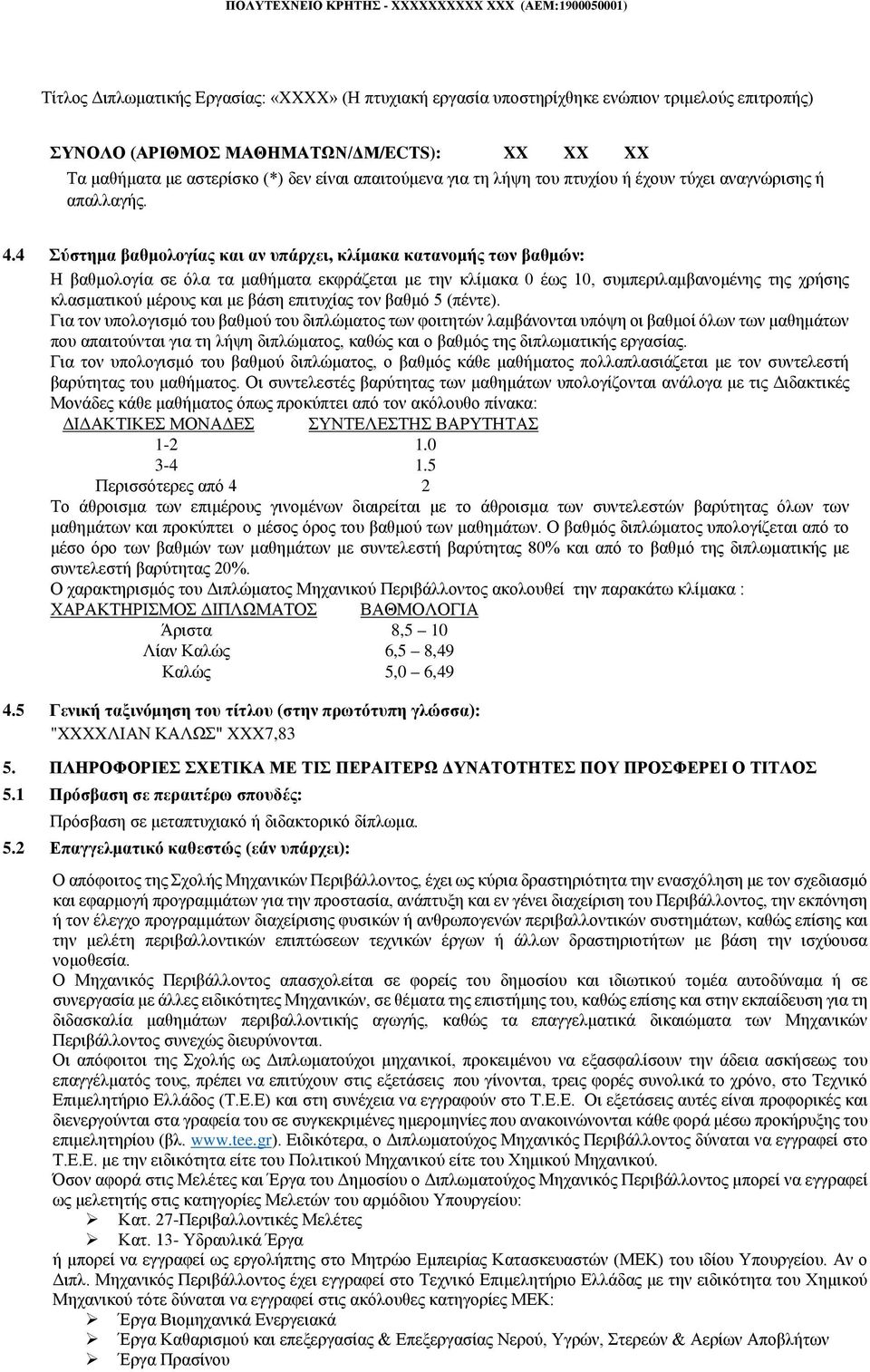 4 Σύστημα βαθμολογίας και αν υπάρχει, κλίμακα κατανομής των βαθμών: Η βαθμολογία σε όλα τα μαθήματα εκφράζεται με την κλίμακα 0 έως 10, συμπεριλαμβανομένης της χρήσης κλασματικού μέρους και με βάση