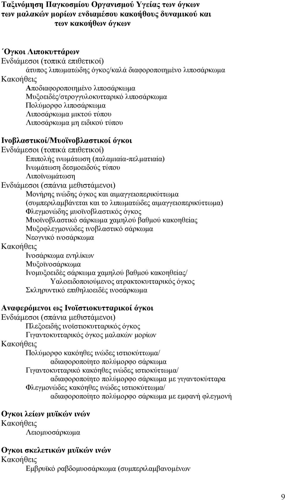 Ινοβλαστικοί/Μυοϊνοβλαστικοί όγκοι Ενδιάμεσοι (τοπικά επιθετικοί) Επιπολής ινωμάτωση (παλαμιαία-πελματιαία) Ινωμάτωση δεσμοειδούς τύπου Λιποϊνωμάτωση Ενδιάμεσοι (σπάνια μεθιστάμενοι) Μονήρης ινώδης