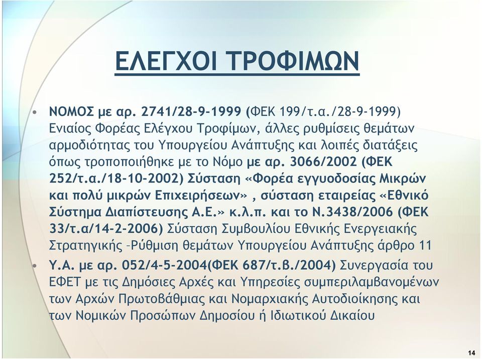 /28-9-1999) Ενιαίος Φορέας Ελέγχου Τροφίμων, άλλες ρυθμίσεις θεμάτων αρμοδιότητας του Υπουργείου Ανάπτυξης και λοιπές διατάξεις όπως τροποποιήθηκε με το Νόμο με αρ. 3066/2002 (ΦΕΚ 252/τ.α./18-10-2002) Σύσταση «Φορέα εγγυοδοσίας Μικρών και πολύ μικρών Επιχειρήσεων», σύσταση εταιρείας «Εθνικό Σύστημα Διαπίστευσης Α.