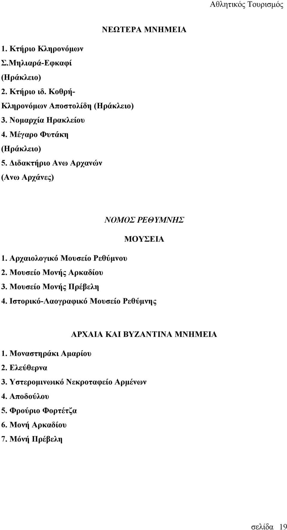 Αρχαιολογικό Μουσείο Ρεθύμνου 2. Μουσείο Μονής Αρκαδίου 3. Μουσείο Μονής Πρέβελη 4.