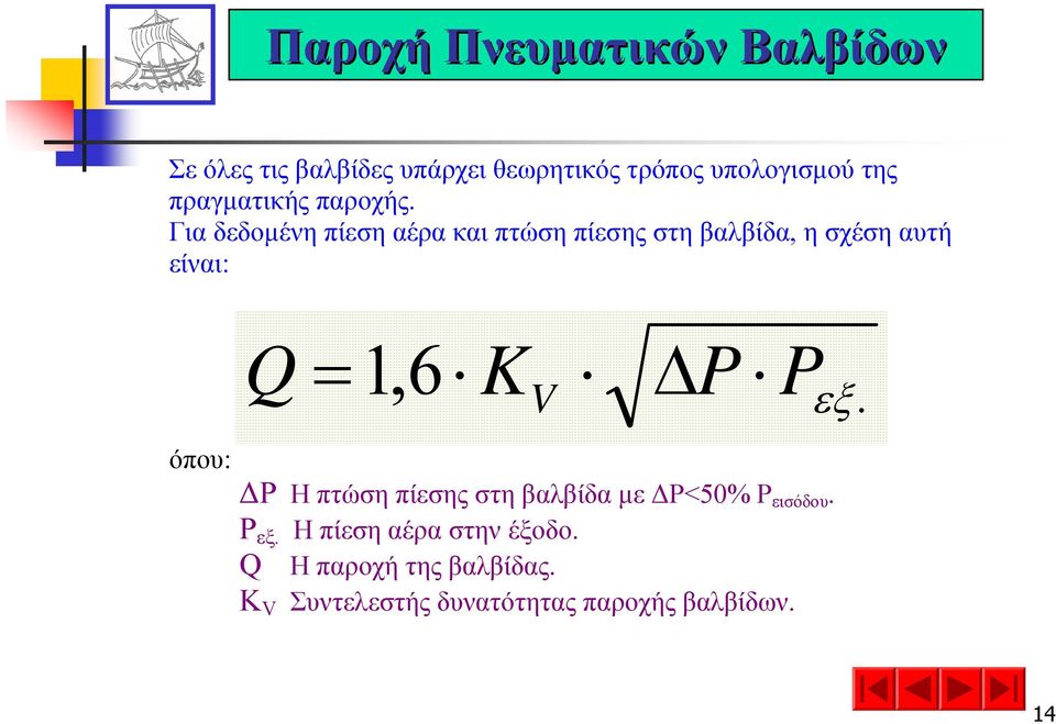 Για δεδοµένη πίεση αέρα και πτώση πίεσης στη βαλβίδα, η σχέση αυτή είναι: όπου: Q = 1,6 K P